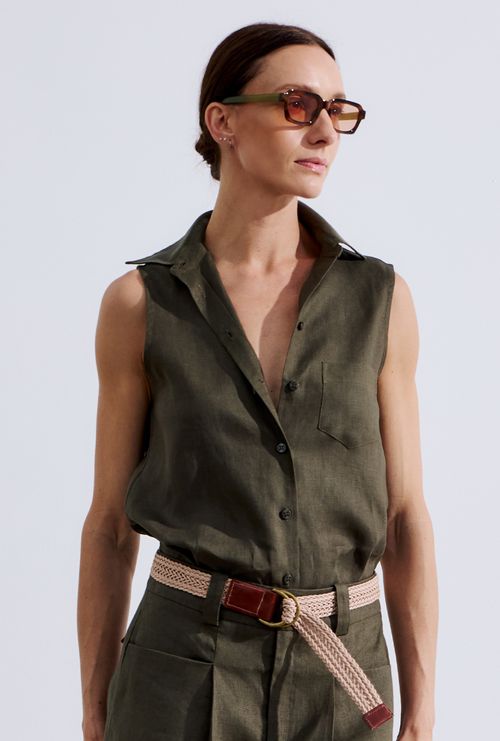 Camisa Regata em Linho Gambia Verde Militar